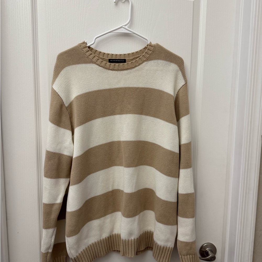 Brandy Melville Beige and White Striped Crewneck Sweater